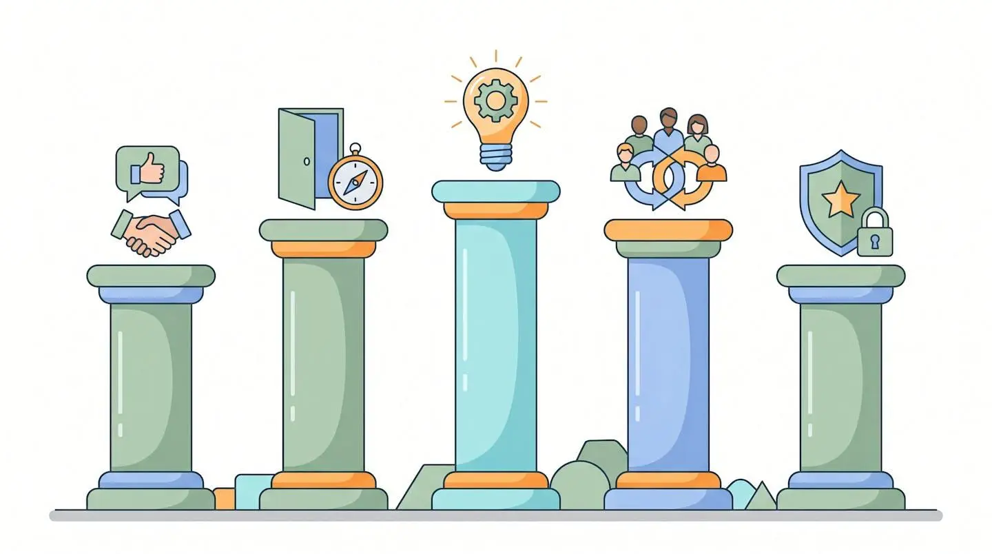 Illustration de cinq piliers colorés symbolisant les avantages RSE — client, marché, ampoule, équipe, bouclier — en flat design moderne sur fond clair
