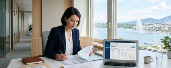 Bureau professionnel moderne à Genève avec vue sur le lac, RH consultant des contrats de travail sur un bureau organisé avec ordinateur portable