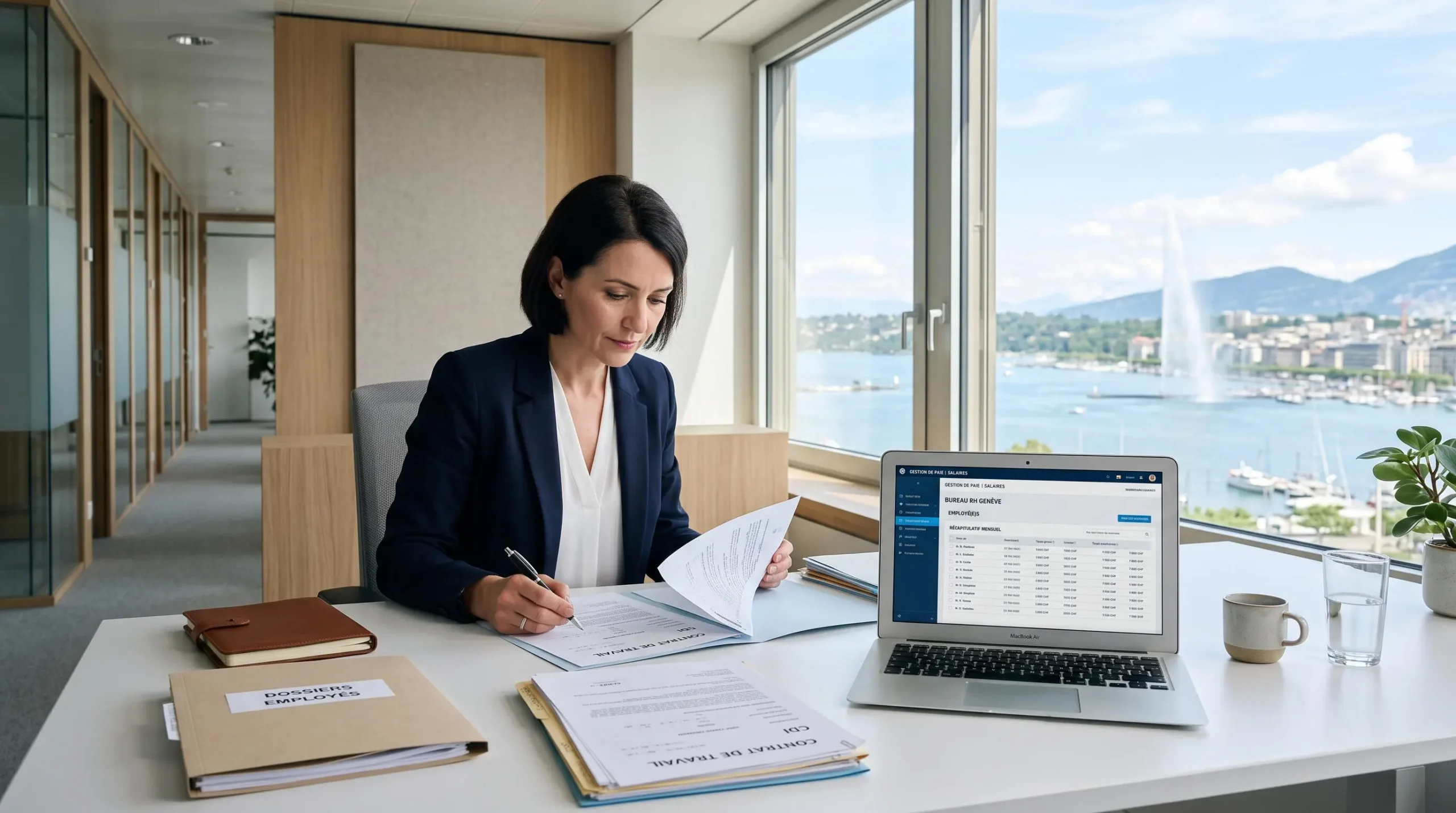 Bureau professionnel moderne à Genève avec vue sur le lac, RH consultant des contrats de travail sur un bureau organisé avec ordinateur portable