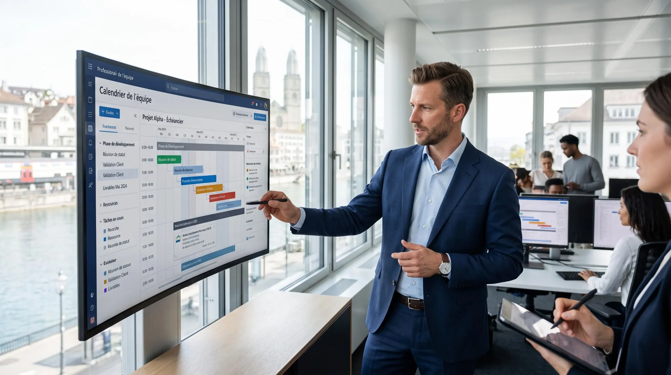 Professionnel consulte un planning numérique dans un bureau moderne suisse, illustrant l'efficacité des processus RH externalisés