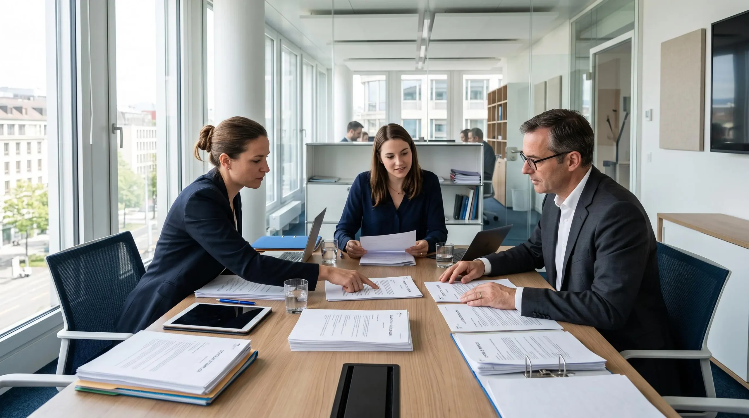 Salle de réunion avec trois professionnels examinant des contrats de travail, illustrant la collaboration tripartite dans un service EOR