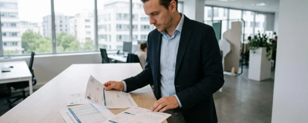 CFO d'une start-up debout examinant des factures et échéanciers de paiement sur une table de travail