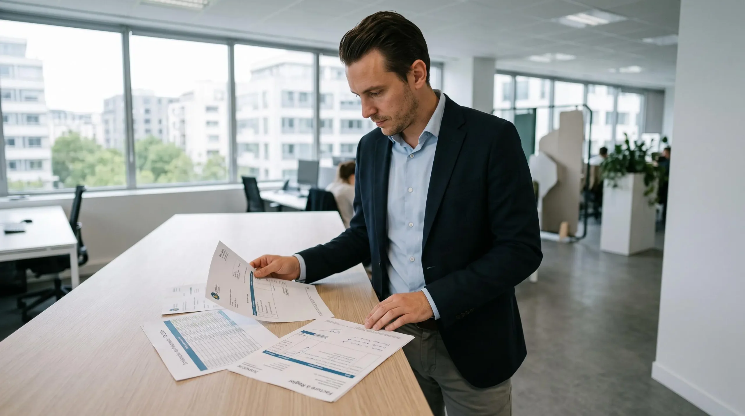CFO d'une start-up debout examinant des factures et échéanciers de paiement sur une table de travail