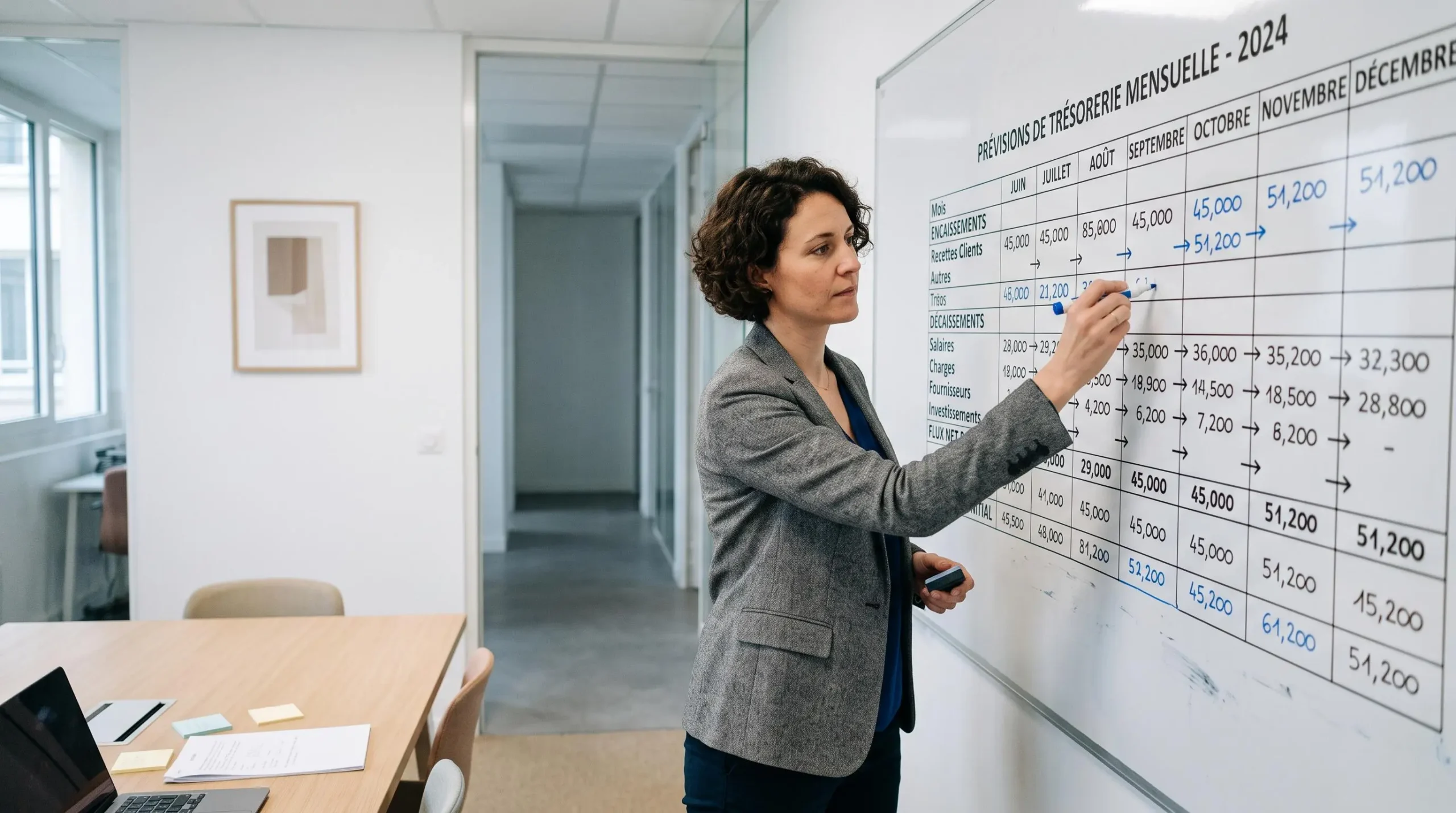 Fondateur de start-up mettant à jour un prévisionnel de trésorerie mensuel sur un tableau blanc