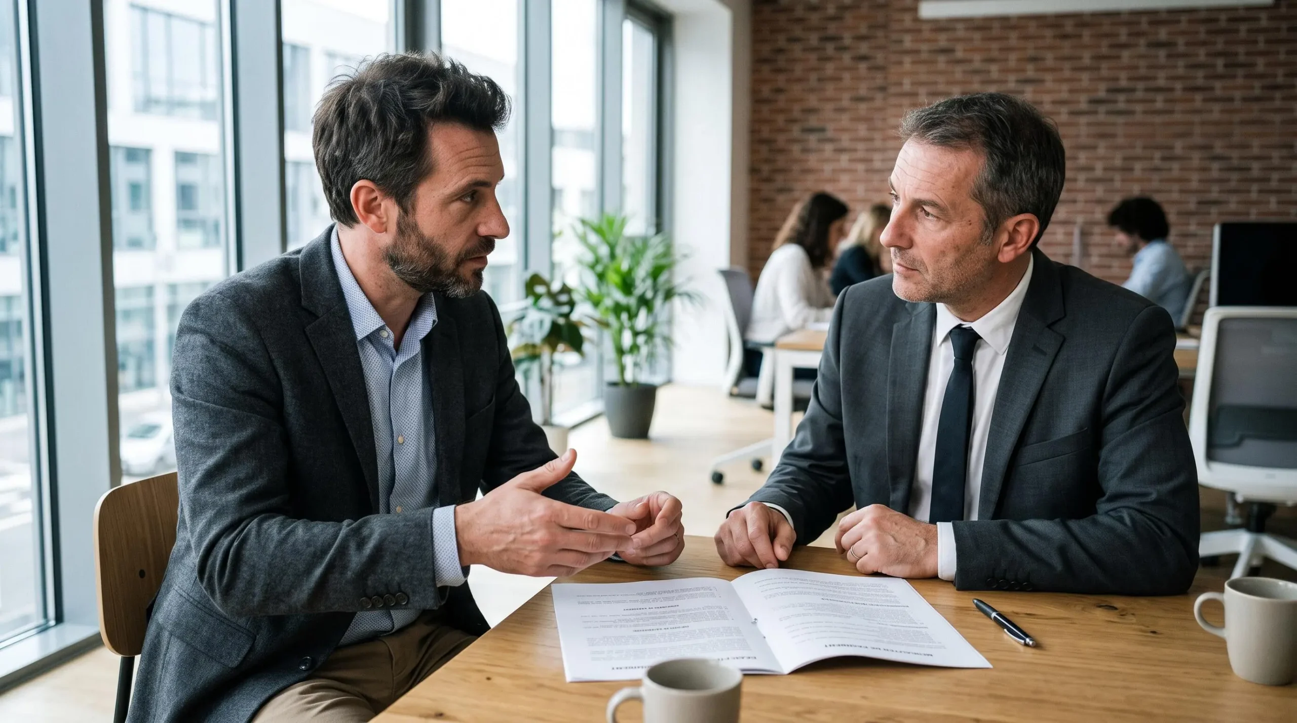 Réunion professionnelle entre un dirigeant d'entreprise et un représentant fournisseur discutant des conditions de paiement