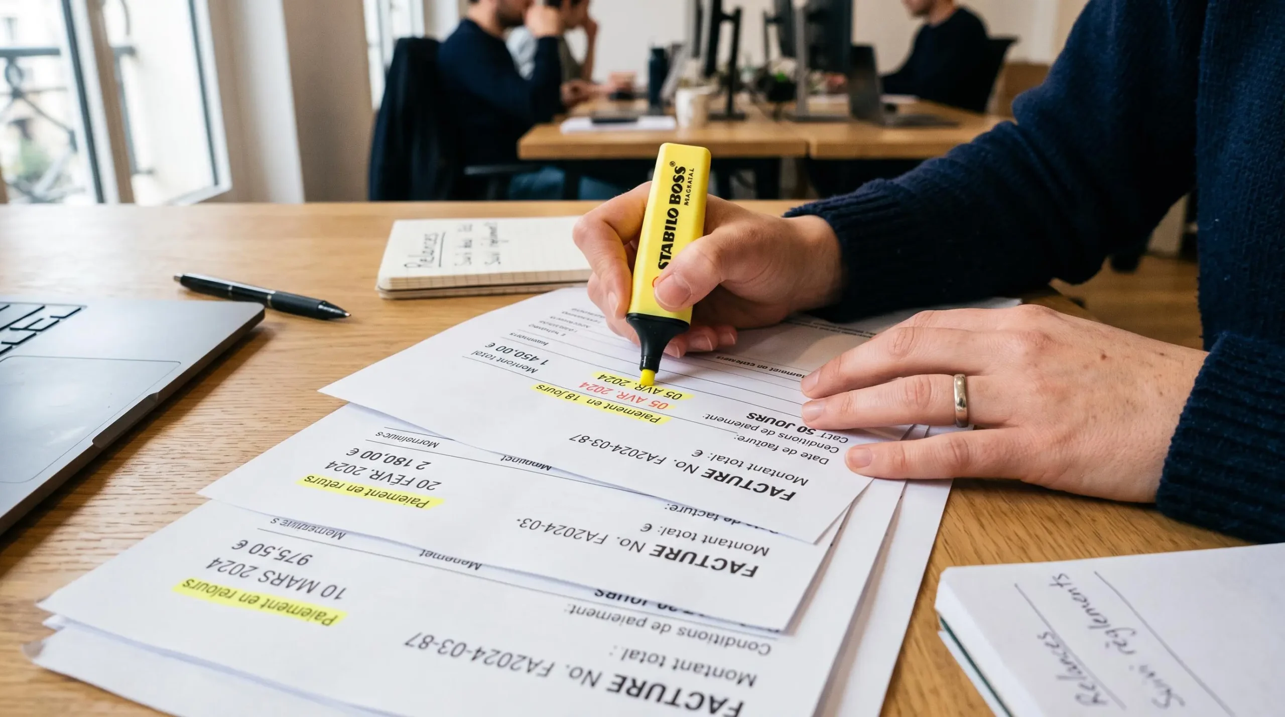 Mains surlignant les dates d'échéance sur des factures clients impayées avec un surligneur